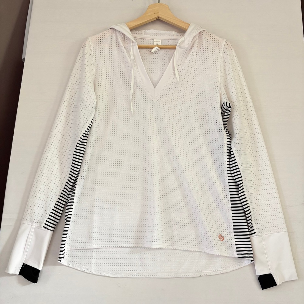Cross Court White Perforated Mesh UPF 50+ Athletic Hoodie Striped Medium